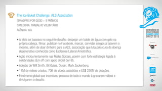 The Ice Buket Challenge: ALS Association
GRANDPRIX FOR GOOD + 9 PRÊMIOS
CATEGORIA: TRABALHO VOLUNTÁRIO
AGÊNCIA: ASL
• A ideia se baseava no seguinte desafio: despejar um balde de água com gelo na
própria cabeça, filmar, publicar no Facebook, marcar, convidar amigos à fazerem o
mesmo, além de doar dinheiro para a ALS, associação que luta pela cura da doença
degenerativa conhecida como Esclerose Lateral Amiotrófica.
• Ação iniciou lentamente nas Redes Sociais, porém com forte estratégia ligada à
celebridades (Em off com apoio oficial do FB).
• Adesão de Will Smith, Bil Gates, Oprah, Mark Zuckerberg.
• 17M de vídeos criados, 70B de vídeos assistidos e US$ 220M de doações.
• Fenômeno global que incentivou pessoas de todo o mundo à gravarem vídeos e
divulgarem o desafio.
 