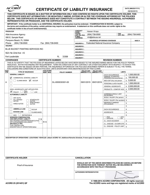 Blue Bucket Proof of Insurance