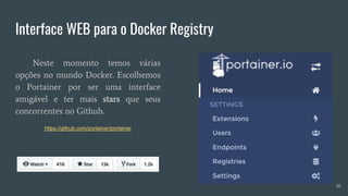 Interface WEB para o Docker Registry
Neste momento temos várias
opções no mundo Docker. Escolhemos
o Portainer por ser uma interface
amigável e ter mais stars que seus
concorrentes no Github.
https://github.com/portainer/portainer
30
 