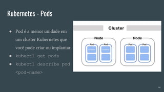 Kubernetes - Pods
46
● Pod é a menor unidade em
um cluster Kubernetes que
você pode criar ou implantar.
● kubectl get pods
● kubectl describe pod
<pod-name>
 