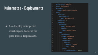 Kubernetes - Deployments
51
● Um Deployment provê
atualizações declarativas
para Pods e ReplicaSets.
 
