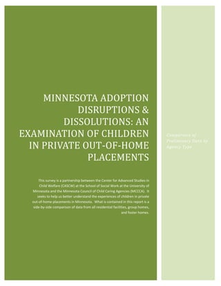 MINNESOTA ADOPTION
DISRUPTIONS &
DISSOLUTIONS: AN
EXAMINATION OF CHILDREN
IN PRIVATE OUT-OF-HOME
PLACEMENTS
This survey is a partnership between the Center for Advanced Studies in
Child Welfare (CASCW) at the School of Social Work at the University of
Minnesota and the Minnesota Council of Child Caring Agencies (MCCCA). It
seeks to help us better understand the experiences of children in private
out-of-home placements in Minnesota. What is contained in this report is a
side-by-side comparison of data from all residential facilities, group homes,
and foster homes.
Comparison of
Preliminary Data by
Agency Type
 
