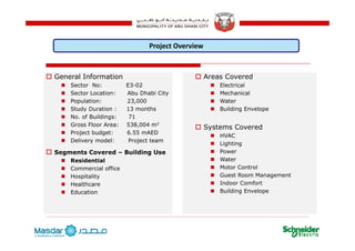 Project Overview
General Information
Sector No: E3-02
Sector Location: Abu Dhabi City
Areas Covered
Electrical
Mechanical
Population: 23,000
Study Duration : 13 months
No. of Buildings: 71
Gross Floor Area: 538 004 m2
Water
Building Envelope
S t C dGross Floor Area: 538,004 m
Project budget: 6.55 mAED
Delivery model: Project team
Segments Covered – Building Use
Systems Covered
HVAC
Lighting
PowerSegments Covered Building Use
Residential
Commercial office
Hospitality
H lth
Water
Motor Control
Guest Room Management
Indoor ComfortHealthcare
Education
Indoor Comfort
Building Envelope
10
 