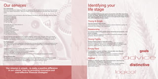 Our services Identifying your
life stage
We understand that financial goals and priorities will differ depending
on your life stage. WealthPartners work with you to reach your current
and long-term goals by tailoring advice to the appropriate stage of your
life, whilst planning for future years.
Young & Single
First job and first solid income. 	
Debt management, credit cards, budgeting, income protection, paying rent,
saving for home deposit, first investments.
Relationship
In a serious relationship, greater career demands and prospects, first
home mortgage.
Debt management, budgeting, renovations, investment strategies, income
protection, lifestyle expenses.
Young Family
Young children, single or reduced income.
Superannuation strategies, children’s education, debt management,
investment strategies, government allowances, lifestyle expenses, family
expenses, estate planning, wealth protection, retirement goals.
Empty Nest
Possible peak of career earnings, reduced debt, more lifestyle
opportunities, adult children to support.
Wealth creation, maximising superannuation, investment strategies,
lifestyle expenses, estate planning, transition to retirement.
Retired
Ceasing or reducing paid work, downsized home, less financial
commitment, more lifestyle opportunities.
Superannuation and pensions, managing income, lifestyle expenses,
medical expenses, estate planning, care and living expenses,
government support.
logical
distinctive
advice
goals
For individuals
We know that personal relationships with our clients are the foundation to the success of our business
and of our clients’ financial life. With this in mind our advice is tailored to individual client values and
goals.
WealthPartners Financial Solutions offer the following services to meet your financial planning needs:
 Investment Planning
 Retirement Planning
 Estate Planning
 Risk Planning
 Tax Planning
Practically this may mean advice on:
 Superannuation
 Home Loans
 Income Protection
 Borrowing for Investment
 Wealth Protection
 Personal Insurance
 Tax Effective Investing
We can manage most aspects of your financial planning needs under one roof. When you require
services not currently offered by our practice we will refer to specialists in their given field, or we will
work with your existing advisers to ensure services are provided in a timely and effective manner.
For Businesses
We have had many years experience in advising and working with large and small businesses across
many industries and can help develop innovative strategies to ensure that your business objectives
are met.
WealthPartners Financial Solutions can assist your business in:
 Meeting superannuation requirements
 Structuring and developing employee benefit programs
 Developing salary packaging arrangements
 Issue critical advice around key person, succession and buy/sell risk management solutions
Going the Extra Mile
We believe in the importance of keeping you informed and motivated to reach your long-term goals.
All WealthPartners clients have access to regular reviews, financial communications, industry
information as well as invitations to relevant events and seminars and much more.
‘Our mission is simple - to make a positive difference
in our clients’ lives by providing innovative and
cost-effective financial strategies’
 