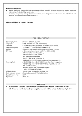 Manpower Leadership
• Leading, mentoring & monitoring the performance of team members to ensure efficiency in process operations
and meeting of individual & group targets.
• Developing competency among the team members; conducting interviews to recruit the right talent and
resources and developing employee competency.
Refer to Annexure for Projects Executed
TECHNICAL PURVIEW
Operating Systems : Windows 2003, NT, XP, UNIX
Languages : C,C#, Base SAS,SAS SQL, shell scripting
Databases : Oracle 8i/9i,10g, MS SQL Server 2000/2005/2008 r2/2012.
Data modeling Tools : ERWin 4.1/7.1,Embarcardo and MS Viso 2010
Big Data : Hadoop1.x Mapreduce,Hive,Pig,Scoop,Flum,Hadoop 2.x Yarn
ETL Tools : Informatica Power Center 6.1/7.1/8.1.3/8.6.1/9.0.1,
Informatica Power exchange 8.6.1,
Informatica Data quality 8.6.1/9.1,
B2B Data transformation 8.6.1,
MS-SSIS SQL Server 2005/2008 r2,
Datastage7.5/8.0.1PX and SAS Data integration Studio 3.3/3.4
Reporting Tools : MS-SSRS SQL Server 2005/2008 R2 with SharePoint Integration,
MS-SSAS SQL Server 2005/2008 R22012, Report Builder 3.0,
MS- Excel Pivot tables
Business Objects XI R/2(Universe Build) and
Cognos 8 (Framework Manager)
Scheduling Tools : Control-M 8.x, LSF Platform Scheduler 3.x
Tools & Version Control : Tortoise Subversion (SVN), PVCS, Perforce
Defect Tracking Tool : JIRA
Agile Tools : Rally,JIRA
EDUCATION
• PG. Diploma in Computer Application from Jawaharlal Nehru National Youth center in 2004
• B.E. (Electrical and Electronics Engineering) from Jawaharlal Nehru Technical University in 2004
 