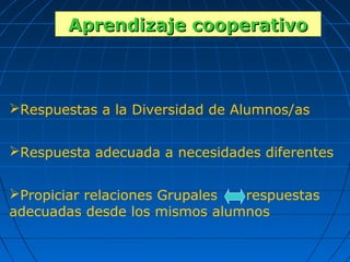 Aprendizaje cooperativo
        Aprendizaje cooperativo



Respuestas a la Diversidad de Alumnos/as


Respuesta adecuada a necesidades diferentes


Propiciar relaciones Grupales respuestas
adecuadas desde los mismos alumnos
 