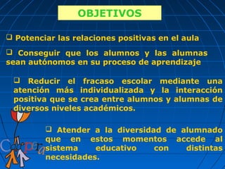 OBJETIVOS
                 OBJETIVOS
 Potenciar las relaciones positivas en el aula

 Conseguir que los alumnos y las alumnas
sean autónomos en su proceso de aprendizaje

  Reducir el fracaso escolar mediante una
 atención más individualizada y la interacción
 positiva que se crea entre alumnos y alumnas de
 diversos niveles académicos.

          Atender a la diversidad de alumnado
         que en estos momentos accede al
         sistema    educativo    con   distintas
         necesidades.
 