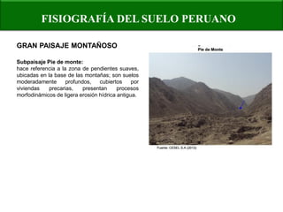 FISIOGRAFÍA DEL SUELO PERUANO 
GRAN PAISAJE MONTAÑOSO 
Subpaisaje Pie de monte: hace referencia a la zona de pendientes suaves, ubicadas en la base de las montañas; son suelos moderadamente profundos, cubiertos por viviendas precarias, presentan procesos morfodinámicos de ligera erosión hídrica antigua.  