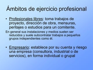 Ámbitos de ejercicio profesional
• Profesionales libres: toma trabajos de
  proyecto, dirección de obra, mensuras,
  peritajes o estudios para un comitente.
En general sus instalaciones y medios suelen ser
  reducidos y suele subcontratar trabajos a pequeños
  grupos independientes como él.

• Empresario: establece por su cuenta y riesgo
  una empresa (consultora, industrial o de
  servicios), en forma individual o grupal
 