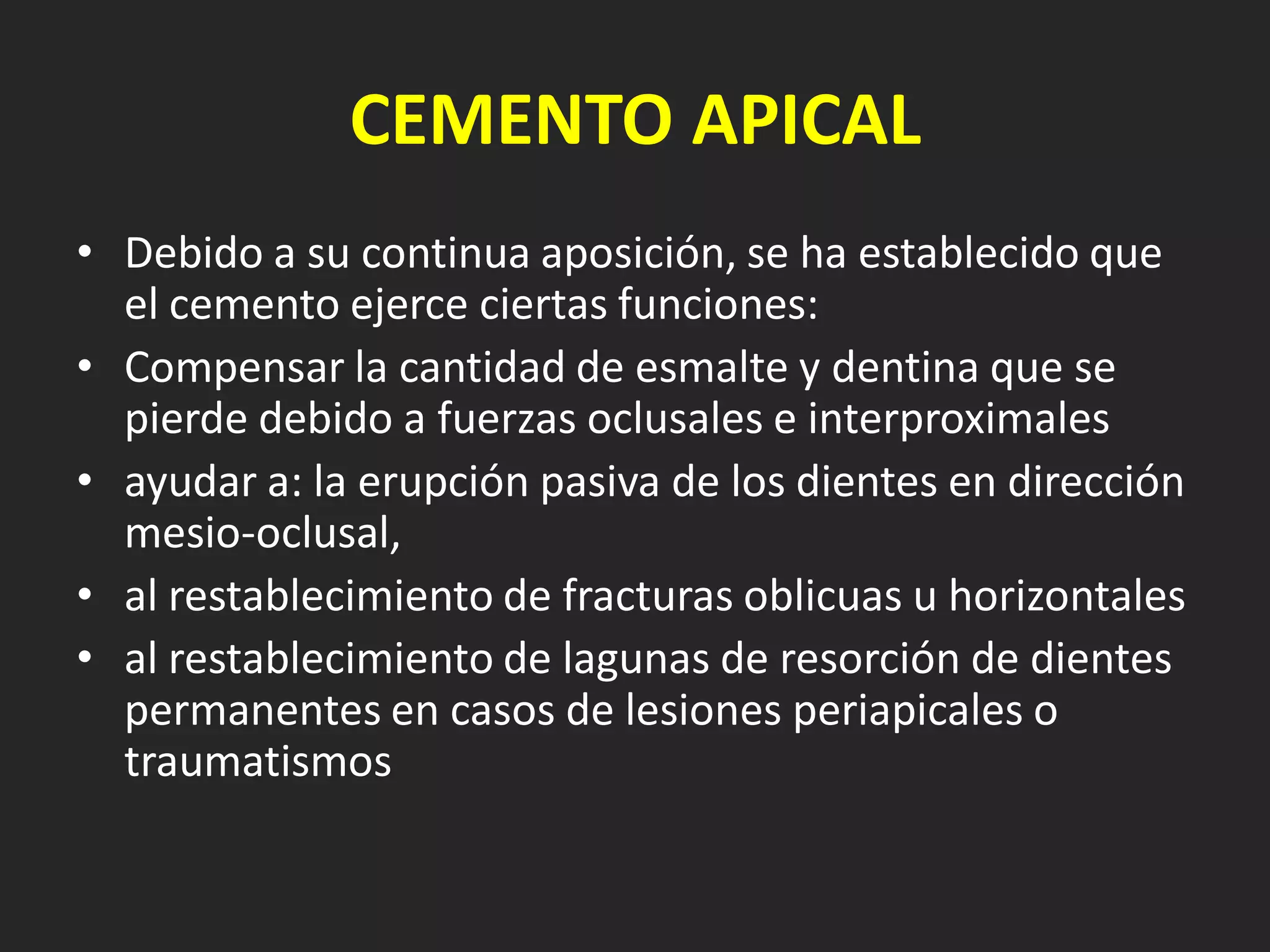 CEMENTO APICAL
• Debido a su continua aposición, se ha establecido que
  el cemento ejerce ciertas funciones:
• Compensar la cantidad de esmalte y dentina que se
  pierde debido a fuerzas oclusales e interproximales
• ayudar a: la erupción pasiva de los dientes en dirección
  mesio-oclusal,
• al restablecimiento de fracturas oblicuas u horizontales
• al restablecimiento de lagunas de resorción de dientes
  permanentes en casos de lesiones periapicales o
  traumatismos
 