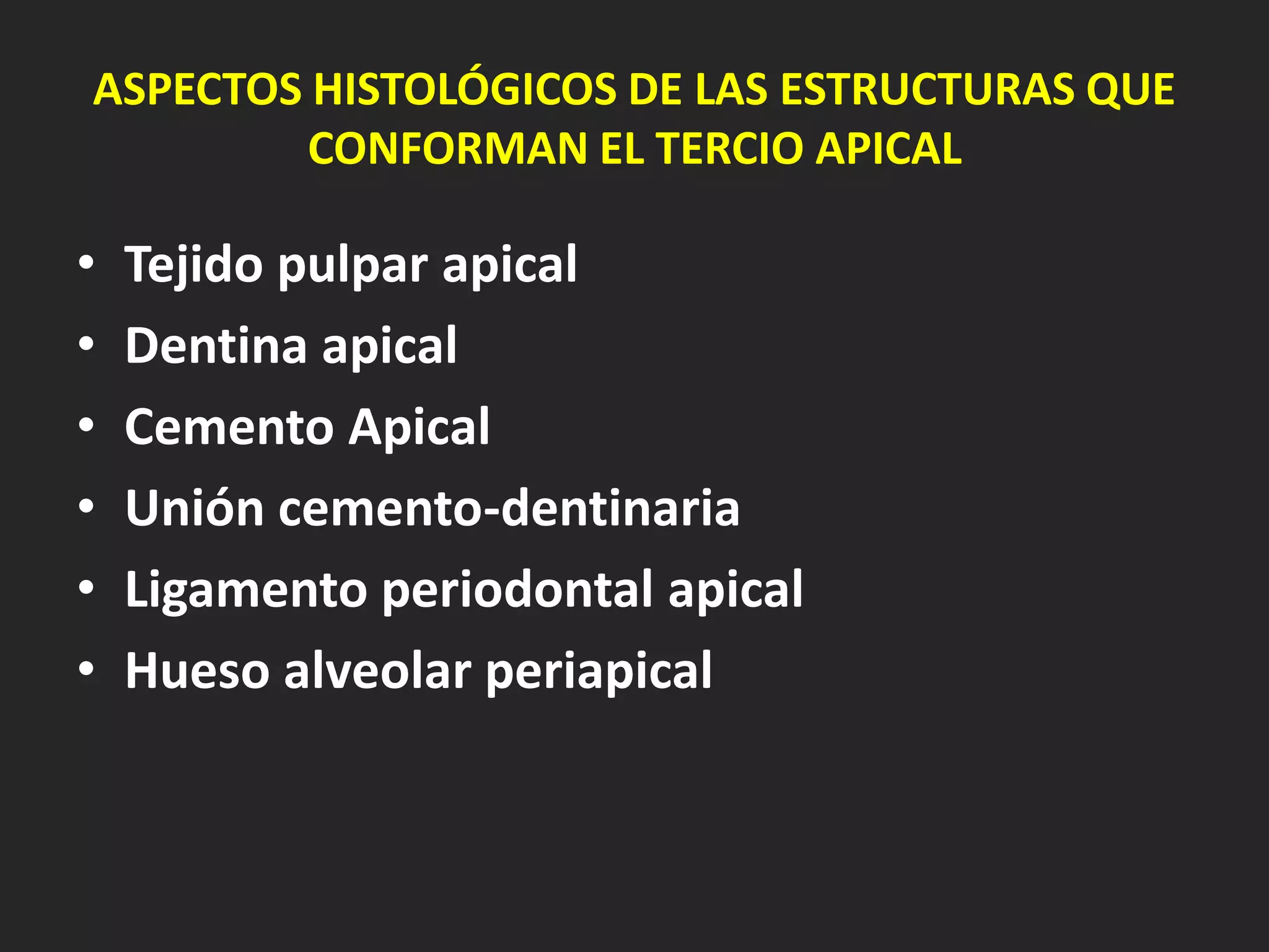 ASPECTOS HISTOLÓGICOS DE LAS ESTRUCTURAS QUE
         CONFORMAN EL TERCIO APICAL

•   Tejido pulpar apical
•   Dentina apical
•   Cemento Apical
•   Unión cemento-dentinaria
•   Ligamento periodontal apical
•   Hueso alveolar periapical
 
