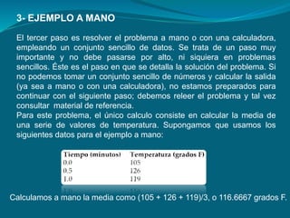 El tercer paso es resolver el problema a mano o con una calculadora,
empleando un conjunto sencillo de datos. Se trata de un paso muy
importante y no debe pasarse por alto, ni siquiera en problemas
sencillos. Éste es el paso en que se detalla la solución del problema. Si
no podemos tomar un conjunto sencillo de números y calcular la salida
(ya sea a mano o con una calculadora), no estamos preparados para
continuar con el siguiente paso; debemos releer el problema y tal vez
consultar material de referencia.
Para este problema, el único calculo consiste en calcular la media de
una serie de valores de temperatura. Supongamos que usamos los
siguientes datos para el ejemplo a mano:
3- EJEMPLO A MANO
Calculamos a mano la media como (105 + 126 + 119)/3, o 116.6667 grados F.
 