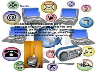 Simplex Este modo de transmisión permite que la información discurra en un solo sentido y de forma permanente, con esta formula es difícil la corrección de errores causados por deficiencias de línea. Como ejemplos de la vida diaria tenemos, la televisión y la radio   