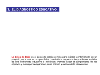 La Línea de Base es el punto de partida o inicio para realizar la intervención de un
proyecto, en la cual se recogen datos cuantitativos respecto a los problemas sentidos
de una comunidad educativa e institución. Permite saber el cumplimiento de los
objetivos y metas por comparación, entre el inicio y avance de la intervención.
3. EL DIAGNOSTICO EDUCATIVO
 