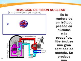 REACCIÓN DE FISION NUCLEAR
                        Es la
                     ruptura de
                     un isótopo
                     pesado en
                      núclidos
                        más
                     pequeños,
                    liberándose
                      una gran
                    cantidad de
                    energía. Se
                      produce
 