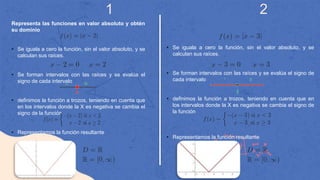 1 2
Representa las funciones en valor absoluto y obtén
su dominio
• Se iguala a cero la función, sin el valor absoluto, y se
calculan sus raíces.
• Se forman intervalos con las raíces y se evalúa el
signo de cada intervalo
• definimos la función a trozos, teniendo en cuenta que
en los intervalos donde la X es negativa se cambia el
signo de la función
• Representamos la función resultante
• Se iguala a cero la función, sin el valor absoluto, y se
calculan sus raíces.
• Se forman intervalos con las raíces y se evalúa el signo de
cada intervalo
• definimos la función a trozos, teniendo en cuenta que en
los intervalos donde la X es negativa se cambia el signo de
la función
• Representamos la función resultante
 