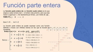 Función parte entera
La función parte entera de x o función suelo entero es la que
asigna a cada número real x el entero más próximo, pero que sea
menor o igual que x. Se representa por Ent(x) , por medio de ⌊x⌋ ,
o bien [x].
Dom f = R , Im f = Z
La función parte entera se puede expresar como una función
definida a trozos con infinitos tramos en los que la función es
constante.
Ent(x) = ⌊x⌋ = { n si x ∈ [n , n+1) con n ∈ Z }
f (- 1) = Ent (- 1) = - 1
f (- 0,9) = Ent (- 0,9) = - 1
f (- 0,1) = Ent (- 0,1) = - 1
f (0,1) = Ent (0,1) = 0
f (0,9) = Ent (0,9) = 0
f (1) = Ent (1) = 1
f (1,1) = Ent (1,1) = 1
 