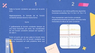 1
Halla la función constante que pasa por el punto
(0,6).
Algebraicamente, la formula de la función
constante siempre tiene la misma forma:
f(x)=k
Y gráficamente la función constante siempre es
una línea horizontal, por tanto, las coordenadas
de una función constante siempre son iguales y
de valor k.
Como el punto por el que pasa la función tiene
como coordenada y=6, la función constante que
estamos buscando en este problema tiene que
ser:
f(x)=6
2
Representa en una misma gráfica las siguientes
funciones constantes: f(x) = 4, f(x) = 41, f(x) = -6
Para representar cada función constante
simplemente tenemos que trazar una línea recta
horizontal a la altura de cada constante:
 