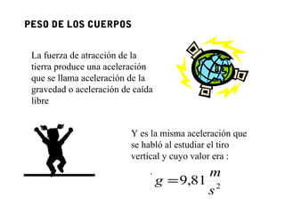 PESO DE LOS CUERPOS


 La fuerza de atracción de la
 tierra produce una aceleración
 que se llama aceleración de la
 gravedad o aceleración de caída
 libre


                          Y es la misma aceleración que
                          se habló al estudiar el tiro
                          vertical y cuyo valor era :
                               .           m
                                   g = 9,81 2
                                           s
 