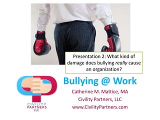 Presentation 2: What kind of damage does bullying really cause an organization? Bullying @ Work Catherine M. Mattice, MA Civility Partners, LLC www.CivilityPartners.com 