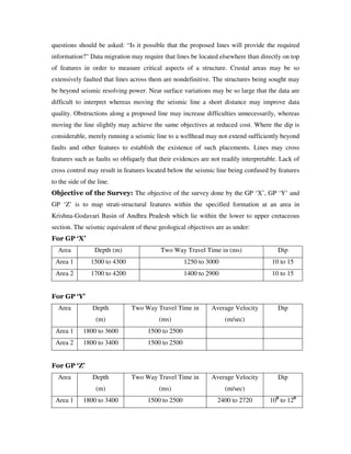 questions should be asked: “Is it possible that the proposed lines will provide the required
information?” Data migration may require that lines be located elsewhere than directly on top
of features in order to measure critical aspects of a structure. Crustal areas may be so
extensively faulted that lines across them are nondefinitive. The structures being sought may
be beyond seismic resolving power. Near surface variations may be so large that the data are
difficult to interpret whereas moving the seismic line a short distance may improve data
quality. Obstructions along a proposed line may increase difficulties unnecessarily, whereas
moving the line slightly may achieve the same objectives at reduced cost. Where the dip is
considerable, merely running a seismic line to a wellhead may not extend sufficiently beyond
faults and other features to establish the existence of such placements. Lines may cross
features such as faults so obliquely that their evidences are not readily interpretable. Lack of
cross control may result in features located below the seismic line being confused by features
to the side of the line.
Objective of the Survey: The objective of the survey done by the GP ‘X’, GP ‘Y’ and
GP ‘Z’ is to map strati-structural features within the specified formation at an area in
Krishna-Godavari Basin of Andhra Pradesh which lie within the lower to upper cretaceous
section. The seismic equivalent of these geological objectives are as under:
For GP ‘X’
Area Depth (m) Two Way Travel Time in (ms) Dip
Area 1 1500 to 4300 1250 to 3000 10 to 15
Area 2 1700 to 4200 1400 to 2900 10 to 15
For GP ‘Y’
Area Depth
(m)
Two Way Travel Time in
(ms)
Average Velocity
(m/sec)
Dip
Area 1 1800 to 3600 1500 to 2500
Area 2 1800 to 3400 1500 to 2500
For GP ‘Z’
Area Depth
(m)
Two Way Travel Time in
(ms)
Average Velocity
(m/sec)
Dip
Area 1 1800 to 3400 1500 to 2500 2400 to 2720 100
to 120
 