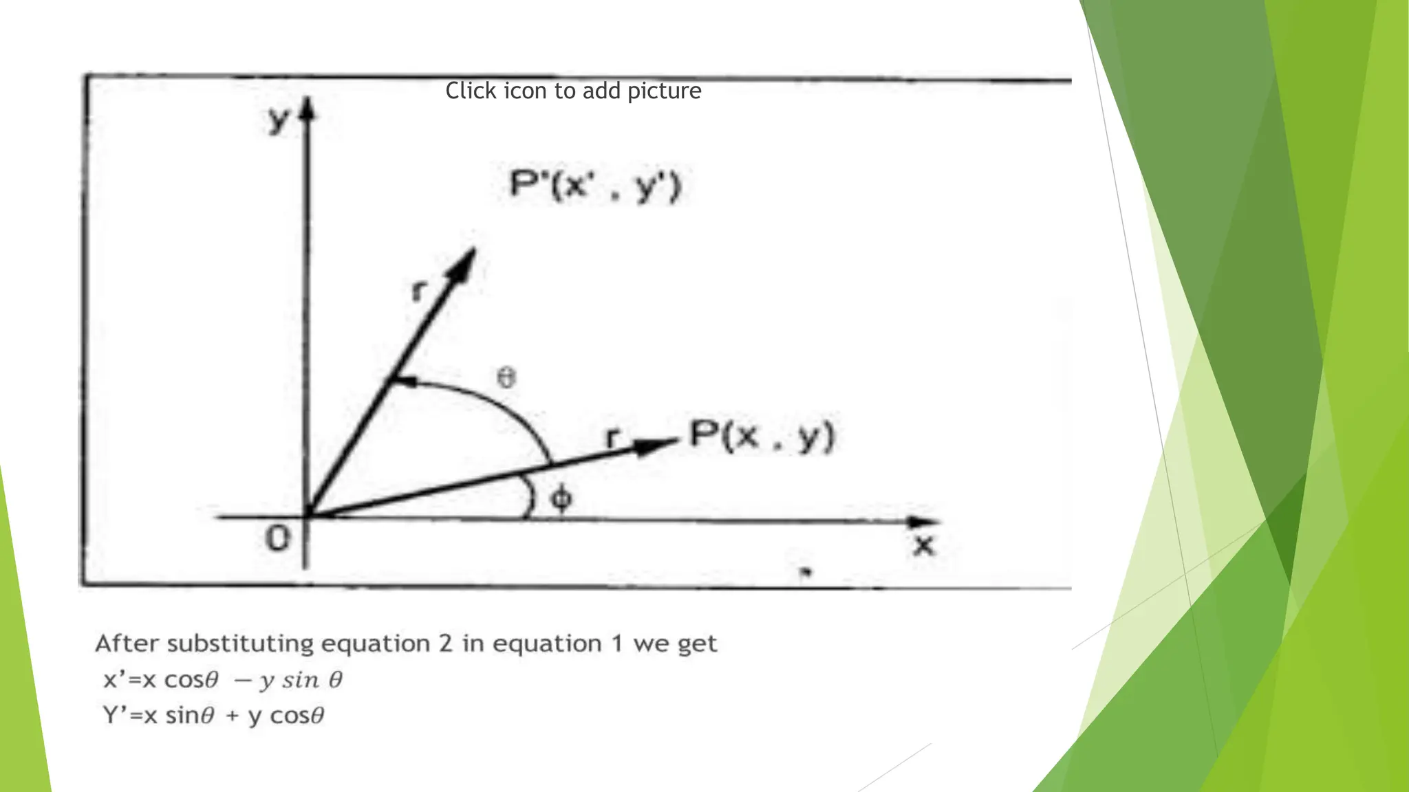 Click icon to add picture
After substituting equation 2 in equation 1 we get
x’=x cos
Y’=x sin + y cos
 