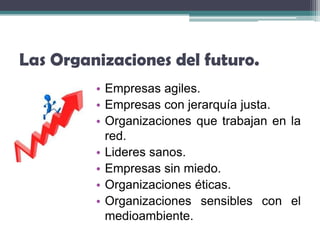 Las Organizaciones del futuro.
         • Empresas agiles.
         • Empresas con jerarquía justa.
         • Organizaciones que trabajan en la
           red.
         • Lideres sanos.
         • Empresas sin miedo.
         • Organizaciones éticas.
         • Organizaciones sensibles con el
           medioambiente.
 