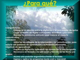 Competencias: 
• Establecer la relación entre la digitación y el procesador de textos 
• Coger el hábito de digitar con rapidez, exactitud y precisión. 
• Manejar la plataforma edmodo para mejorar el aspecto 
comunicativo. 
Estándares. 
• Utilizo las tecnologías de la información y la comunicación, para 
apoyar mis procesos de aprendizaje y actividades personales. 
Objetivos de aprendizaje: 
• Practico la digitación aplicando las normas de la mecanografía. 
• Reconozco el teclado y la ubicación y función de las teclas por 
grupos. 
• Asumo una posición ergonómica frente al teclado. 
• Ingreso y aplico los programas keybr.com y mecanet. 
 