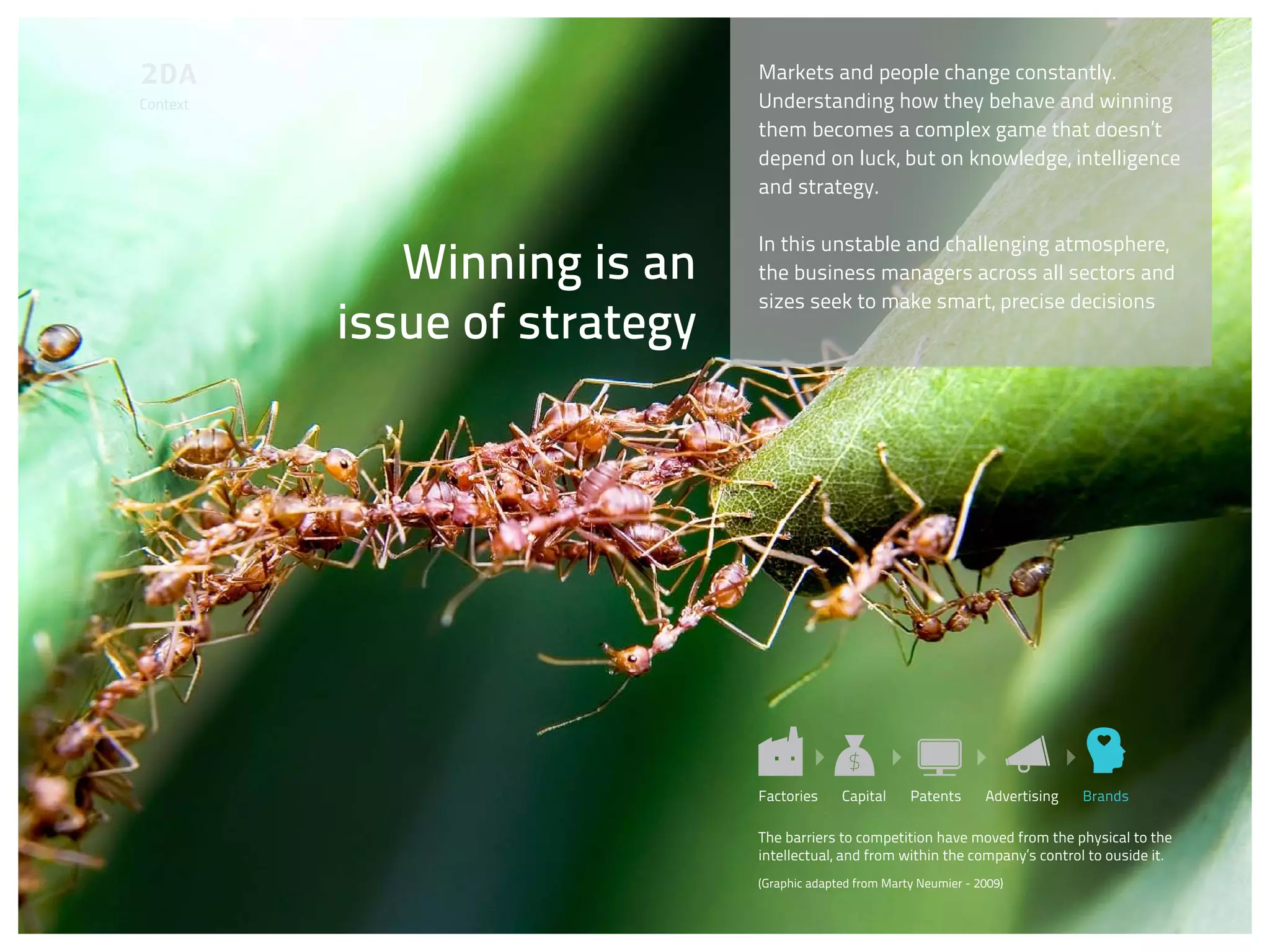 Markets and people change constantly.
Context                       Understanding how they behave and winning
                              them becomes a complex game that doesn’t
                              depend on luck, but on knowledge, intelligence
                              and strategy.

                              In this unstable and challenging atmosphere,
             Winning is an    the business managers across all sectors and
                              sizes seek to make smart, precise decisions
          issue of strategy




                              Factories     Capital     Patents      Advertising   Brands

                              The barriers to competition have moved from the physical to the
                              intellectual, and from within the company’s control to ouside it.
                              (Graphic adapted from Marty Neumier - 2009)
 