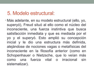 5. Modelo estructural:
• Más adelante, en su modelo estructural (ello, yo,
superyó), Freud situó al ello como el núcleo del
inconsciente, una fuerza instintiva que busca
satisfacción inmediata y que es mediada por el
yo y el superyó. Esto amplió su concepción
inicial y le dio una estructura más definida,
alejándose de nociones vagas o metafísicas del
inconsciente en la filosofía anterior (como en
Schopenhauer o Nietzsche, que lo veían más
como una fuerza vital o irracional sin
sistematizar).
 
