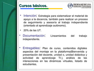 Cursos básicos. Intención :  Estrategia para sistematizar el material de apoyo a la docencia, también para realizar un proceso de seguimiento y asesoría al trabajo independiente (orientado al aprendizaje autónomo).  20% de las UT. Documentación :  Lineamientos del trabajo independiente. Entregables :  Plan de curso, contenidos digitales aspectos del montaje en la plataforma(Bienvenida y presentación del docente, unidad o, unidad didáctica y actividad de aprendizaje TI.), análisis de las interacciones en las dinámicas virtuales, listado de estudiantes. 