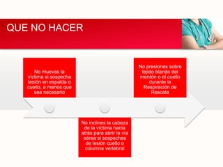 No muevas la
víctima si sospecha
lesión en espalda o
cuello, a menos que
sea necesario
No inclines la cabeza
de la víctima hacia
atrás para abrir la vía
aérea si sospechas
de lesión cuello o
columna vertebral
No presiones sobre
tejido blando del
mentón o el cuello
durante la
Respiración de
Rescate
QUE NO HACER
 