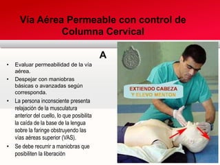 Vía Aérea Permeable con control de
Columna Cervical
A
• Evaluar permeabilidad de la vía
aérea.
• Despejar con maniobras
básicas o avanzadas según
corresponda.
• La persona inconsciente presenta
relajación de la musculatura
anterior del cuello, lo que posibilita
la caída de la base de la lengua
sobre la faringe obstruyendo las
vías aéreas superior (VAS).
• Se debe recurrir a maniobras que
posibiliten la liberación
 