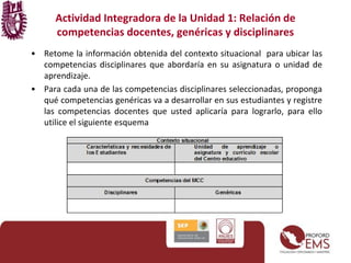 Actividad Integradora de la Unidad 1: Relación de
competencias docentes, genéricas y disciplinares
• Retome la información obtenida del contexto situacional para ubicar las
competencias disciplinares que abordaría en su asignatura o unidad de
aprendizaje.
• Para cada una de las competencias disciplinares seleccionadas, proponga
qué competencias genéricas va a desarrollar en sus estudiantes y registre
las competencias docentes que usted aplicaría para lograrlo, para ello
utilice el siguiente esquema
 