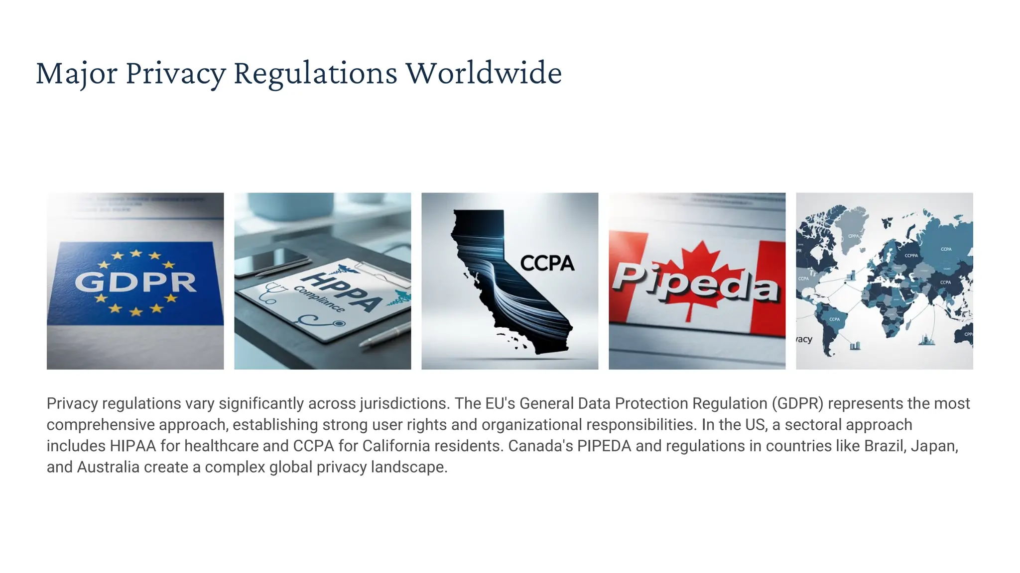 Major Privacy Regulations Worldwide
Privacy regulations vary significantly across jurisdictions. The EU's General Data Protection Regulation (GDPR) represents the most
comprehensive approach, establishing strong user rights and organizational responsibilities. In the US, a sectoral approach
includes HIPAA for healthcare and CCPA for California residents. Canada's PIPEDA and regulations in countries like Brazil, Japan,
and Australia create a complex global privacy landscape.
 