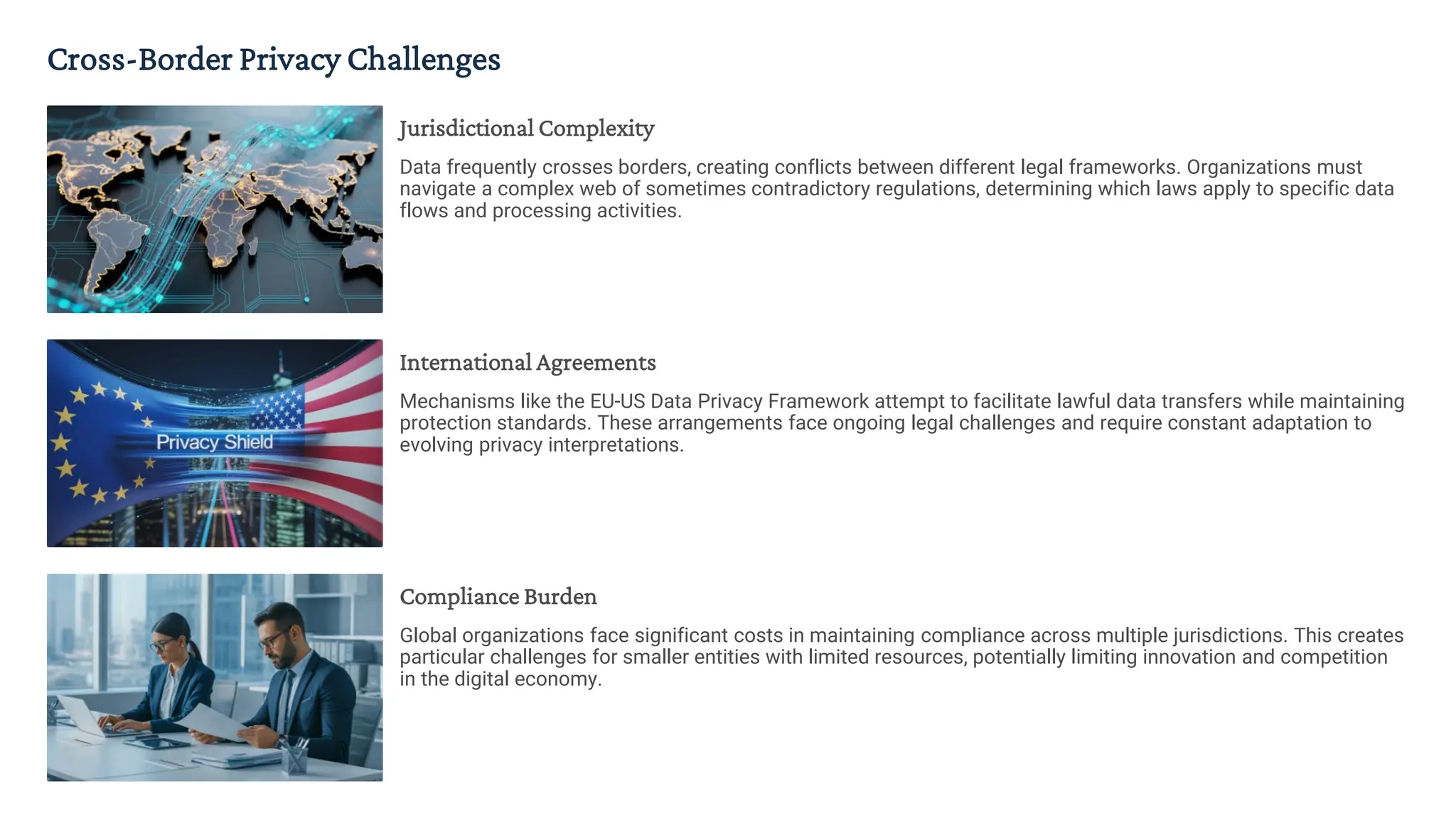 Cross-Border Privacy Challenges
Jurisdictional Complexity
Data frequently crosses borders, creating conflicts between different legal frameworks. Organizations must
navigate a complex web of sometimes contradictory regulations, determining which laws apply to specific data
flows and processing activities.
International Agreements
Mechanisms like the EU-US Data Privacy Framework attempt to facilitate lawful data transfers while maintaining
protection standards. These arrangements face ongoing legal challenges and require constant adaptation to
evolving privacy interpretations.
Compliance Burden
Global organizations face significant costs in maintaining compliance across multiple jurisdictions. This creates
particular challenges for smaller entities with limited resources, potentially limiting innovation and competition
in the digital economy.
 