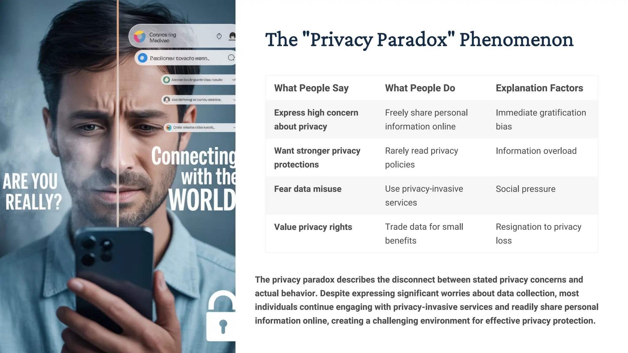 The "Privacy Paradox" Phenomenon
What People Say What People Do Explanation Factors
Express high concern
about privacy
Freely share personal
information online
Immediate gratification
bias
Want stronger privacy
protections
Rarely read privacy
policies
Information overload
Fear data misuse Use privacy-invasive
services
Social pressure
Value privacy rights Trade data for small
benefits
Resignation to privacy
loss
The privacy paradox describes the disconnect between stated privacy concerns and
actual behavior. Despite expressing significant worries about data collection, most
individuals continue engaging with privacy-invasive services and readily share personal
information online, creating a challenging environment for effective privacy protection.
 