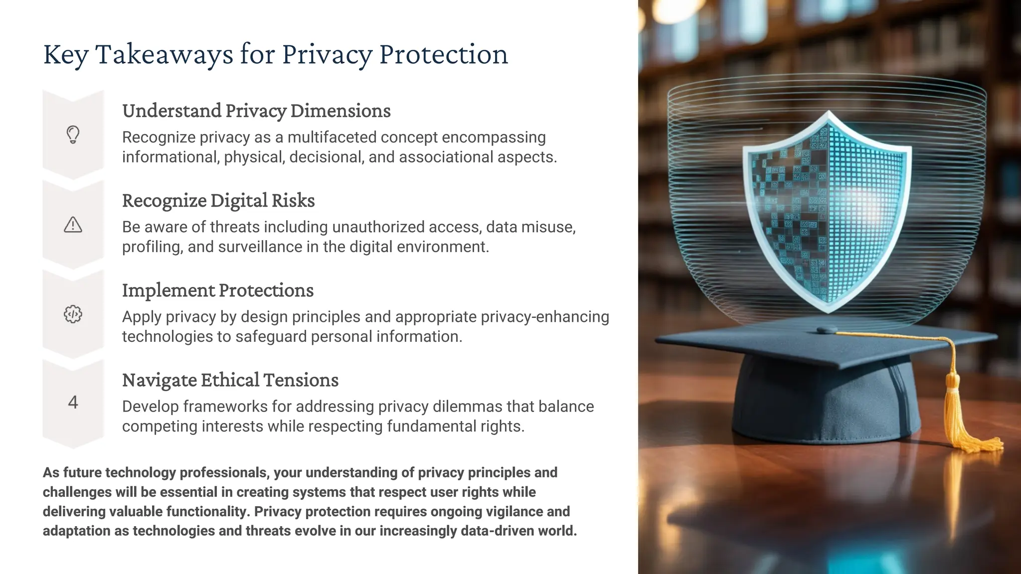 Key Takeaways for Privacy Protection
Understand Privacy Dimensions
Recognize privacy as a multifaceted concept encompassing
informational, physical, decisional, and associational aspects.
Recognize Digital Risks
Be aware of threats including unauthorized access, data misuse,
profiling, and surveillance in the digital environment.
Implement Protections
Apply privacy by design principles and appropriate privacy-enhancing
technologies to safeguard personal information.
Navigate Ethical Tensions
Develop frameworks for addressing privacy dilemmas that balance
competing interests while respecting fundamental rights.
As future technology professionals, your understanding of privacy principles and
challenges will be essential in creating systems that respect user rights while
delivering valuable functionality. Privacy protection requires ongoing vigilance and
adaptation as technologies and threats evolve in our increasingly data-driven world.
 