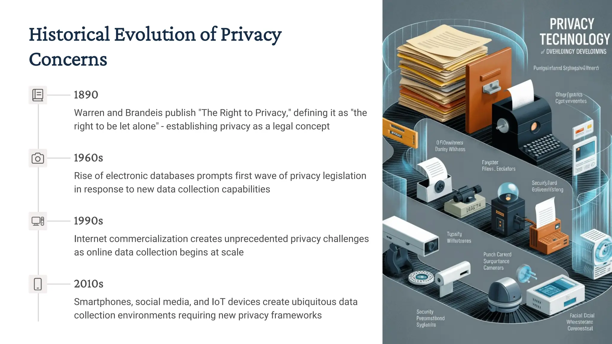Historical Evolution of Privacy
Concerns
1890
Warren and Brandeis publish "The Right to Privacy," defining it as "the
right to be let alone" - establishing privacy as a legal concept
1960s
Rise of electronic databases prompts first wave of privacy legislation
in response to new data collection capabilities
1990s
Internet commercialization creates unprecedented privacy challenges
as online data collection begins at scale
2010s
Smartphones, social media, and IoT devices create ubiquitous data
collection environments requiring new privacy frameworks
 