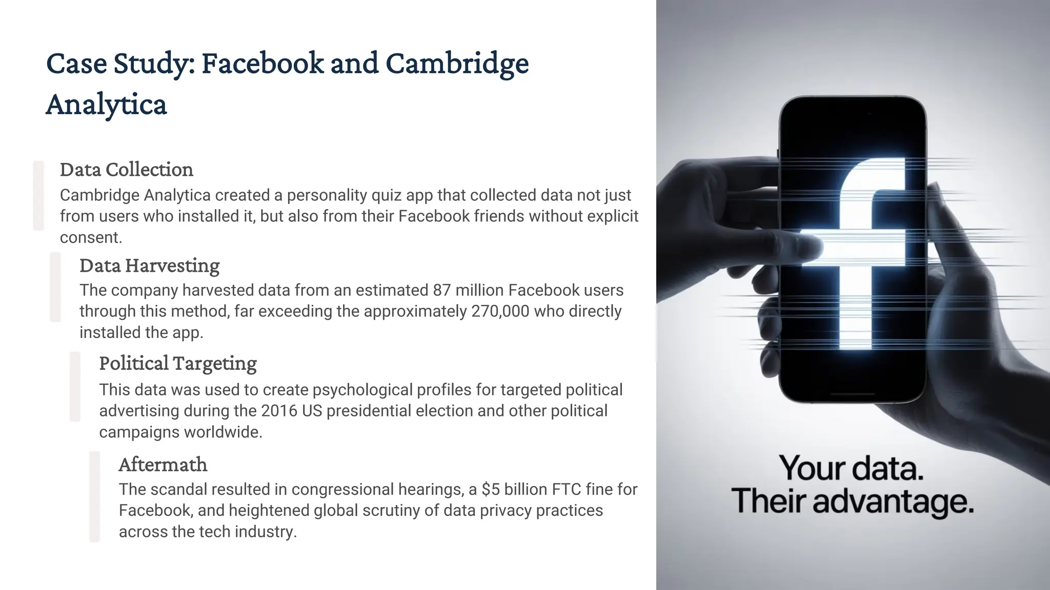 Case Study: Facebook and Cambridge
Analytica
Data Collection
Cambridge Analytica created a personality quiz app that collected data not just
from users who installed it, but also from their Facebook friends without explicit
consent.
Data Harvesting
The company harvested data from an estimated 87 million Facebook users
through this method, far exceeding the approximately 270,000 who directly
installed the app.
Political Targeting
This data was used to create psychological profiles for targeted political
advertising during the 2016 US presidential election and other political
campaigns worldwide.
Aftermath
The scandal resulted in congressional hearings, a $5 billion FTC fine for
Facebook, and heightened global scrutiny of data privacy practices
across the tech industry.
 