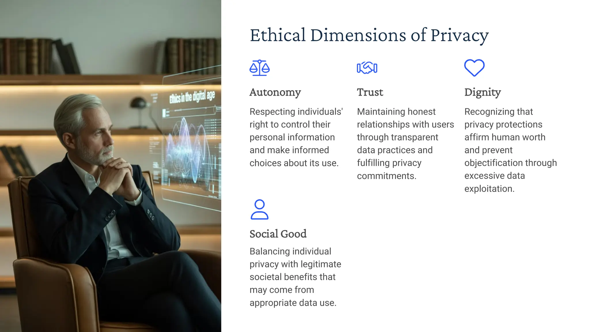 Ethical Dimensions of Privacy
Autonomy
Respecting individuals'
right to control their
personal information
and make informed
choices about its use.
Trust
Maintaining honest
relationships with users
through transparent
data practices and
fulfilling privacy
commitments.
Dignity
Recognizing that
privacy protections
affirm human worth
and prevent
objectification through
excessive data
exploitation.
Social Good
Balancing individual
privacy with legitimate
societal benefits that
may come from
appropriate data use.
 