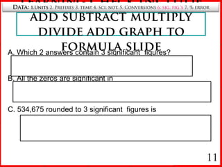 Data: 1.Units2. Prefixes 3. temp. 4. Sci. not. 5. Conversions 6. sig. fig.’s 7. % error6. Significant Figures1. When measuring     include the known digits plus one estimated digit.Volume?32.0 mL9