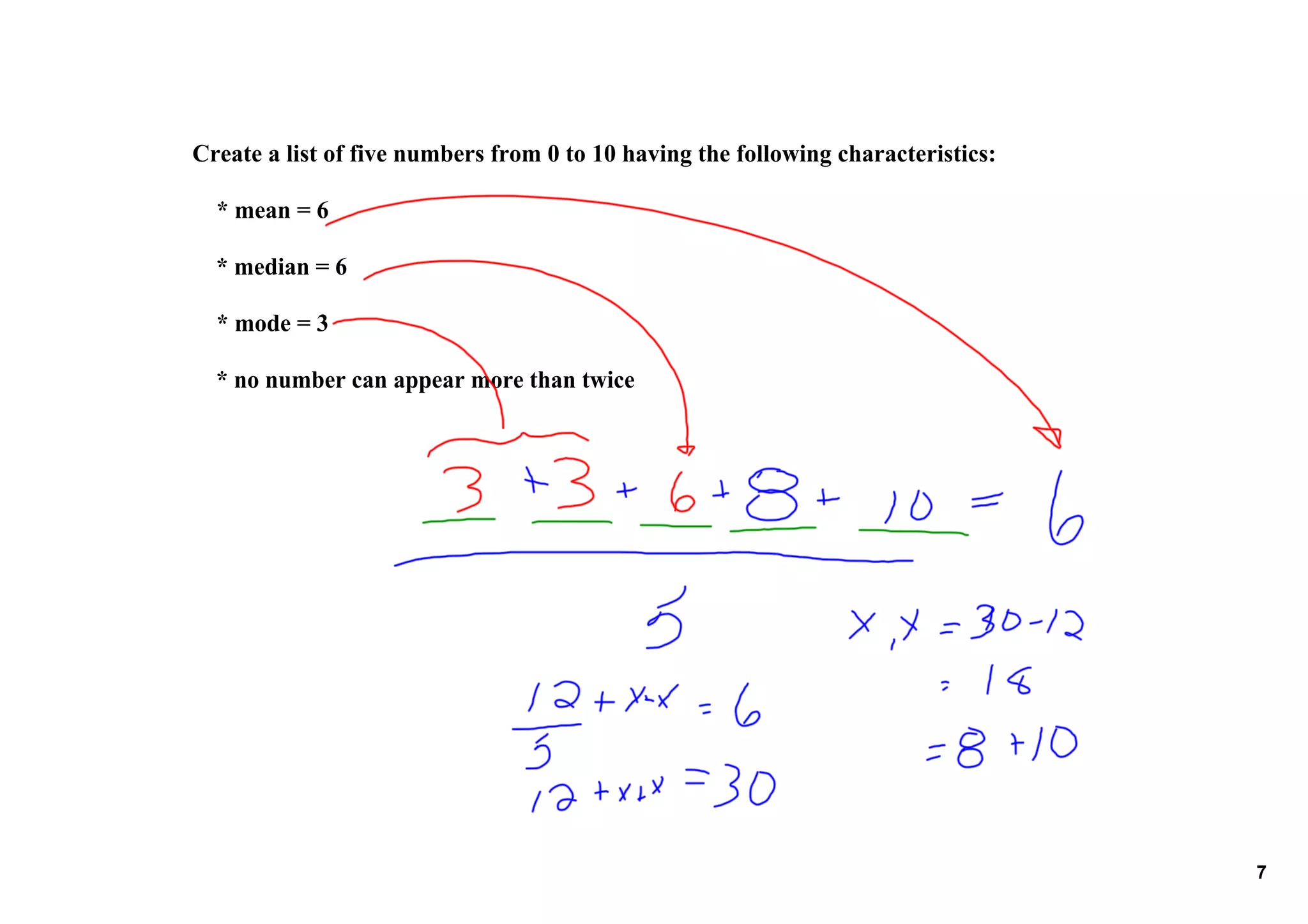 Create a list of five numbers from 0 to 10 having the following characteristics:

    * mean = 6

    * median = 6

    * mode = 3

    * no number can appear more than twice




                                                                                   7
 