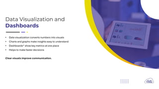 Data Visualization and
Dashboards
• Data visualization converts numbers into visuals
• Charts and graphs make insights easy to understand
• Dashboards* show key metrics at one place
• Helps to make faster decisions
Clear visuals improve communication.
 