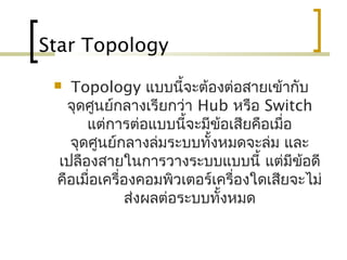 Star Topology
 Topology แบบนี้จะต้องต่อสายเข้ากับ
จุดศูนย์กลางเรียกว่า Hub หรือ Switch
แต่การต่อแบบนี้จะมีข้อเสียคือเมื่อ
จุดศูนย์กลางล่มระบบทั้งหมดจะล่ม และ
เปลืองสายในการวางระบบแบบนี้ แต่มีข้อดี
คือเมื่อเครื่องคอมพิวเตอร์เครื่องใดเสียจะไม่
ส่งผลต่อระบบทั้งหมด
 