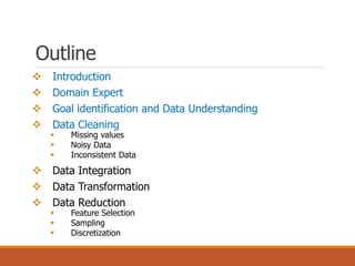 Outline
 Introduction
 Domain Expert
 Goal identification and Data Understanding
 Data Cleaning
 Missing values
 Noisy Data
 Inconsistent Data
 Data Integration
 Data Transformation
 Data Reduction
 Feature Selection
 Sampling
 Discretization
 