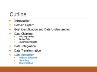 Outline
 Introduction
 Domain Expert
 Goal identification and Data Understanding
 Data Cleaning
 Missing values
 Noisy Data
 Inconsistent Data
 Data Integration
 Data Transformation
 Data Reduction
 Feature Selection
 Sampling
 Discretization
 