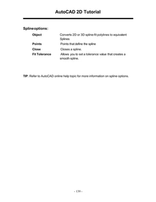 AutoCAD 2D Tutorial

Spline options:
Object

Converts 2D or 3D spline-fit polylines to equivalent
Splines

Points

Points that define the spline

Close

Closes a spline.

Fit Tolerance

Allows you to set a tolerance value that creates a
smooth spline.

TIP: Refer to AutoCAD online help topic for more information on spline options.

- 139 -

 