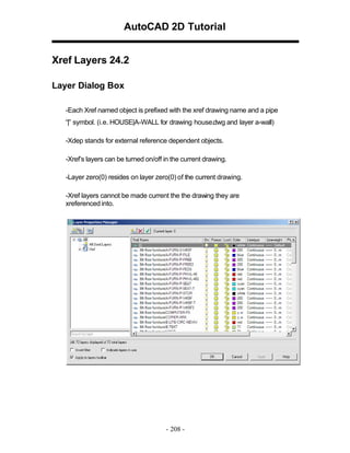 AutoCAD 2D Tutorial
Xref Layers 24.2
Layer Dialog Box
-Each Xref named object is prefixed with the xref drawing name and a pipe
“|” symbol. (i.e. HOUSE|A-WALL for drawing house.dwg and layer a-wall)
-Xdep stands for external reference dependent objects.
-Xref’s layers can be turned on/off in the current drawing.
-Layer zero(0) resides on layer zero(0) of the current drawing.
-Xref layers cannot be made current the the drawing they are
xreferenced into.

- 208 -

 