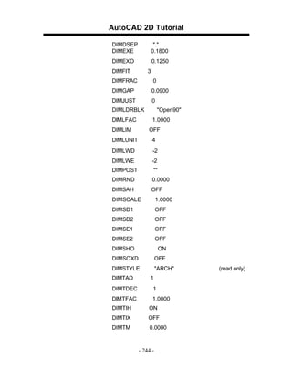 AutoCAD 2D Tutorial
DIMDSEP
DIMEXE

"."
0.1800

DIMEXO

0.1250

DIMFIT

3

DIMFRAC

0

DIMGAP

0.0900

DIMJUST

0

DIMLDRBLK
DIMLFAC

"Open90"
1.0000

DIMLIM

OFF

DIMLUNIT

4

DIMLWD

-2

DIMLWE

-2

DIMPOST

""

DIMRND

0.0000

DIMSAH

OFF

DIMSCALE

1.0000

DIMSD1

OFF

DIMSD2

OFF

DIMSE1

OFF

DIMSE2

OFF

DIMSHO

ON

DIMSOXD

OFF

DIMSTYLE

"ARCH"

DIMTAD

1

DIMTDEC

1

DIMTFAC

1.0000

DIMTIH

ON

DIMTIX

OFF

DIMTM

0.0000

- 244 -

(read only)

 